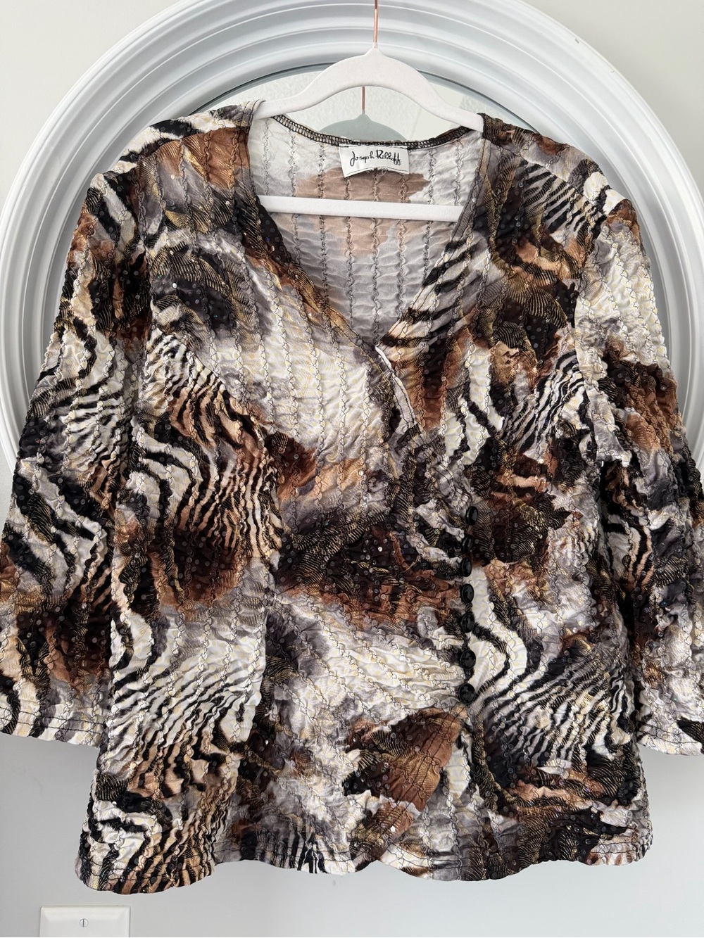 Joseph Ribkoff Vintage Animal Print Crinkle Jacket Blouse Sequin Mob Wife
